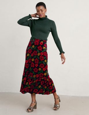 Seasalt Cornwall Womens Velvet Floral Midi A-Line Skirt - 20 - Black Mix, Black Mix