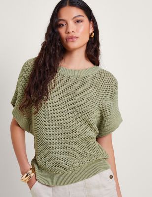 Monsoon Womens Pure Cotton Textured Crew Neck Knitted Top - XL - Khaki, Khaki
