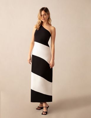 Ro&Zo Women's Striped One Shoulder Maxi Column Dress - 10REG - Black Mix, Black Mix