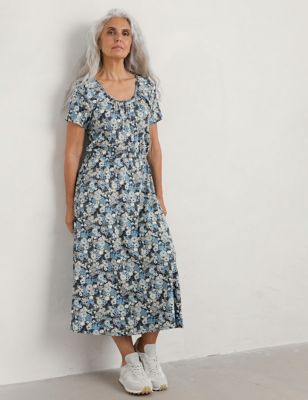 Seasalt Cornwall Womens Floral Midi Waisted Dress - 18 - Blue Mix, Blue Mix