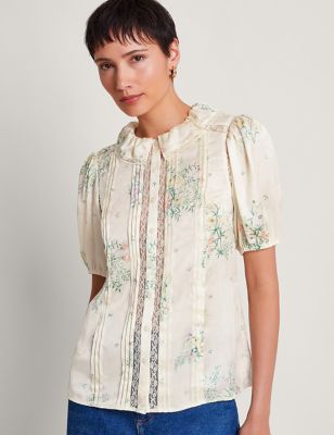 Monsoon Womens Satin Floral Collared Button Through Blouse - XL - Ivory Mix, Ivory Mix
