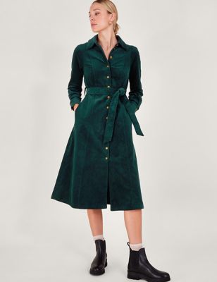 Monsoon Womens Cord Tie Waist Midi Shirt Dress - 8 - Dark Green, Dark Green