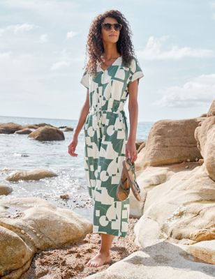 Seasalt Cornwall Womens Cotton Rich Printed Tie Detail Jumpsuit - 18 - Green Mix, Green Mix
