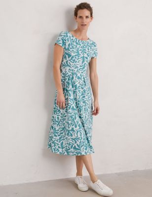 Seasalt Cornwall Womens Cotton Rich Floral Midi Waisted Dress - 8REG - Green Mix, Green Mix