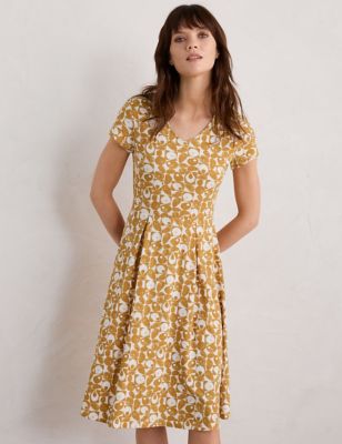 Seasalt Cornwall Women's Cotton Rich Geometric V-Neck Waisted Dress - 22REG - Yellow Mix, Yellow Mix
