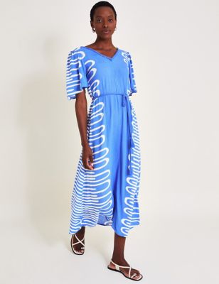 Monsoon Women's Printed V-Neck Midi Smock Dress - XL - Blue Mix, Blue Mix