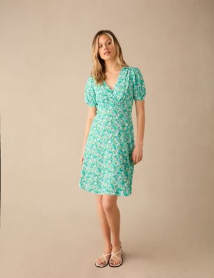 Ro&Zo Womens Floral V-Neck Knee Length Tea Dress - 18 - Green Mix, Green Mix