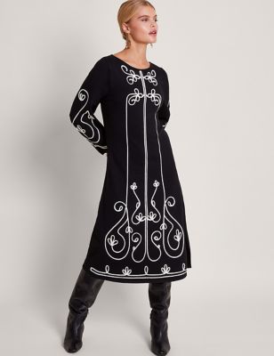 Monsoon Womens Knitted Embroidered Midi Smock Dress - Black, Black