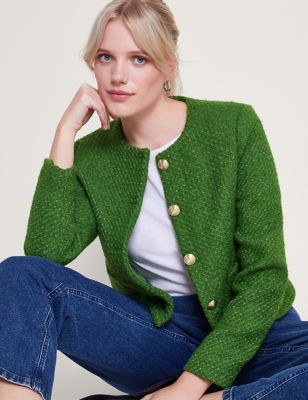 Monsoon Women's Tweed Collarless Cropped Jacket - XL - Green, Green