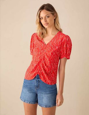 Ro&Zo Womens Printed V-Neck Top - 14 - Red Mix, Red Mix