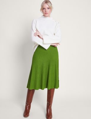 Monsoon Womens Ribbed Knee Length A-Line Skirt - M - Green, Green