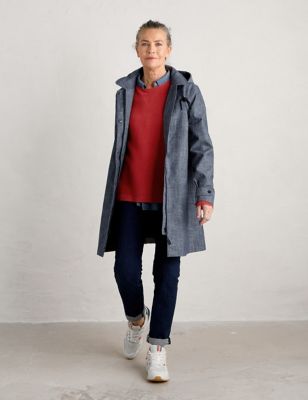 Seasalt Cornwall Womens Pure Cotton Hooded Longline Raincoat - 26-28REG - Blue, Blue