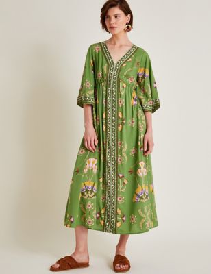 Monsoon Women's Embroidered V-Neck Midi Smock Dress - L - Green Mix, Green Mix