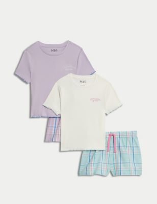 M&S Girl's 2pk Cotton Rich Check Pyjama Sets (6-16 Yrs) - 15-16 - Lilac Mix, Lilac Mix