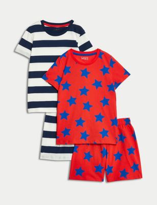 M&S Boys 2pk Pure Cotton Shortie Pyjama Sets (1-8 Yrs) - 5-6 Y - Red Mix, Red Mix