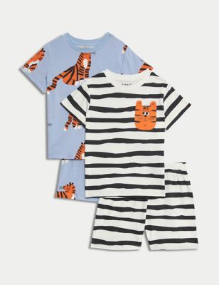 M&S Boys 2pk Pure Cotton Tiger Print Pyjamas (1-8 Yrs) - 7-8 Y - Blue Mix, Blue Mix