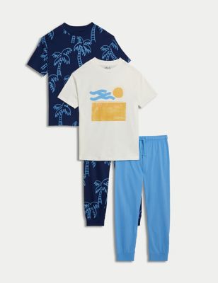 M&S Boys 2pk Pure Cotton Pyjama Sets (6-16 Yrs) - 12-13 - Blue Mix, Blue Mix