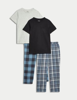 M&S Boy's 2pk Cotton Rich Checked Pyjama Sets (6-16 Yrs) - 9-10Y - Black Mix, Black Mix