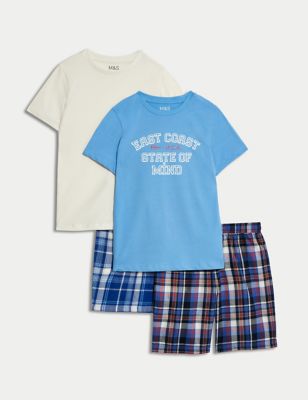 M&S Boys 2pk Pure Cotton Short Pyjama Sets (6-16 Yrs) - 11-12 - Blue, Blue