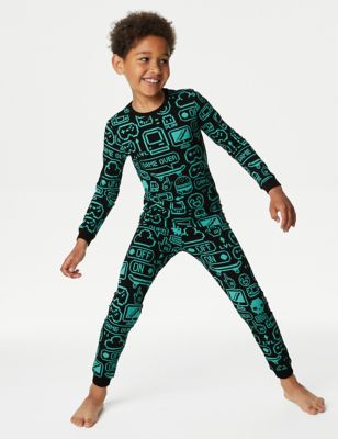 M&S Cotton Rich Gaming Print Pyjamas (7-14 Yrs) - 9-10Y - Green Mix, Green Mix