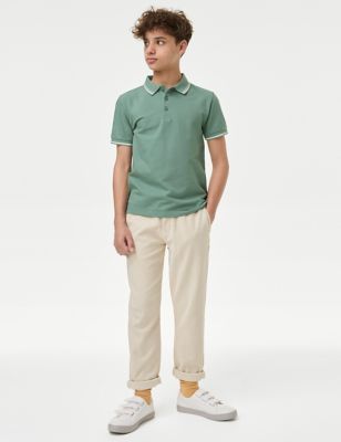 M&S Boys Pure Cotton Polo Shirt (6-16 Yrs) - 13-14 - Smokey Green, Smokey Green,Dark Blue,Aqua,Blue