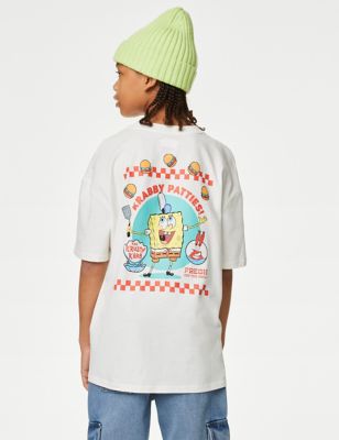M&S Boys Pure Cotton SpongeBob SquarePants T-Shirt (6-16 Yrs) - 7-8 Y - Ivory, Ivory
