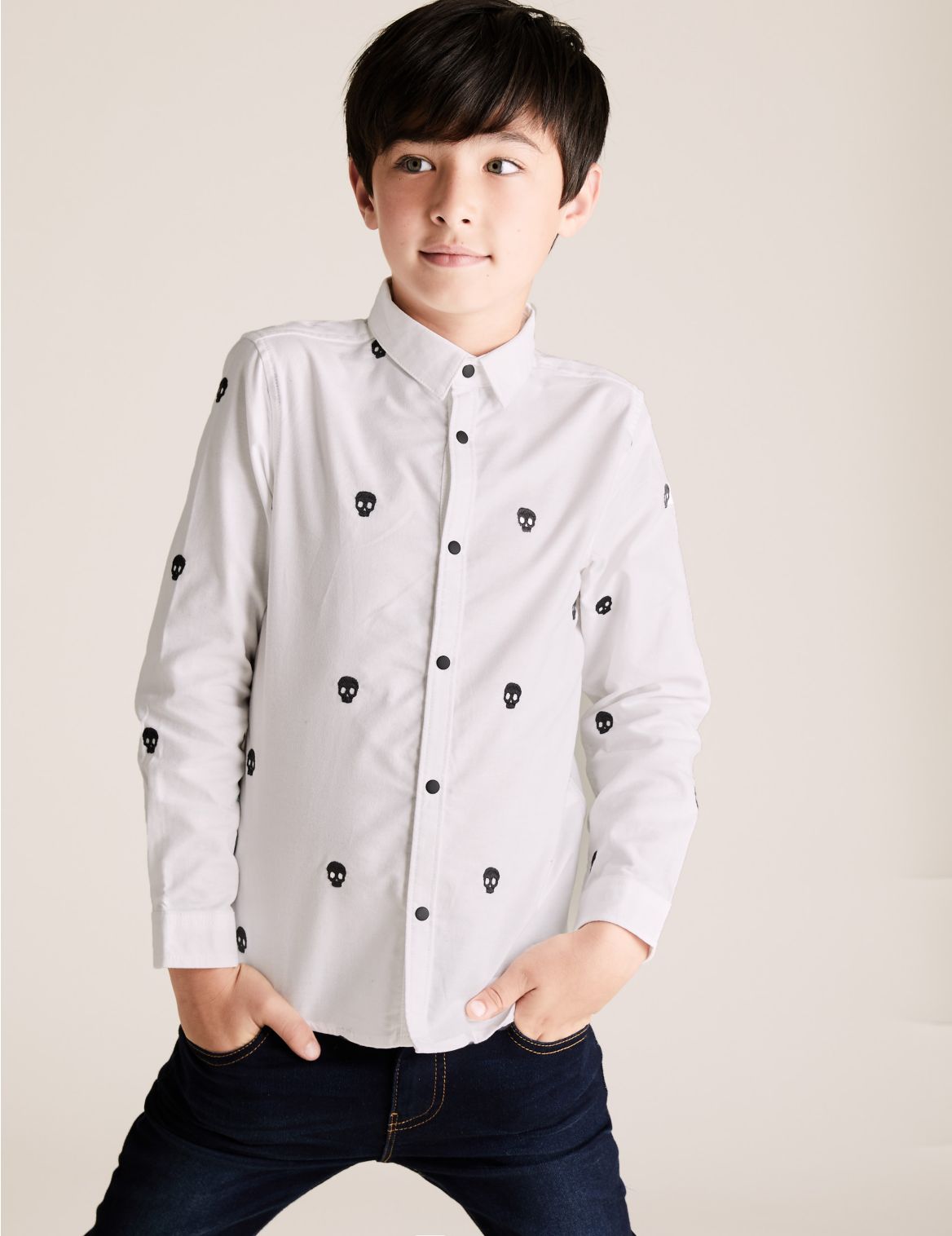 Pure Cotton Embroidered Skull Shirt (6-16 Yrs) white