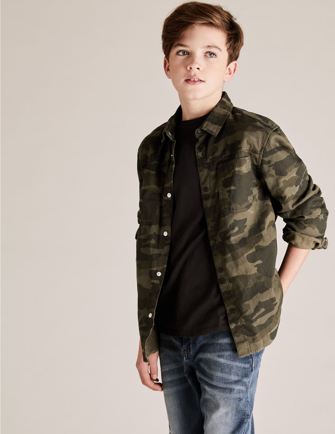 Pure Cotton Camo Hooded Shirt and T-Shirt (6-14 Yrs) green