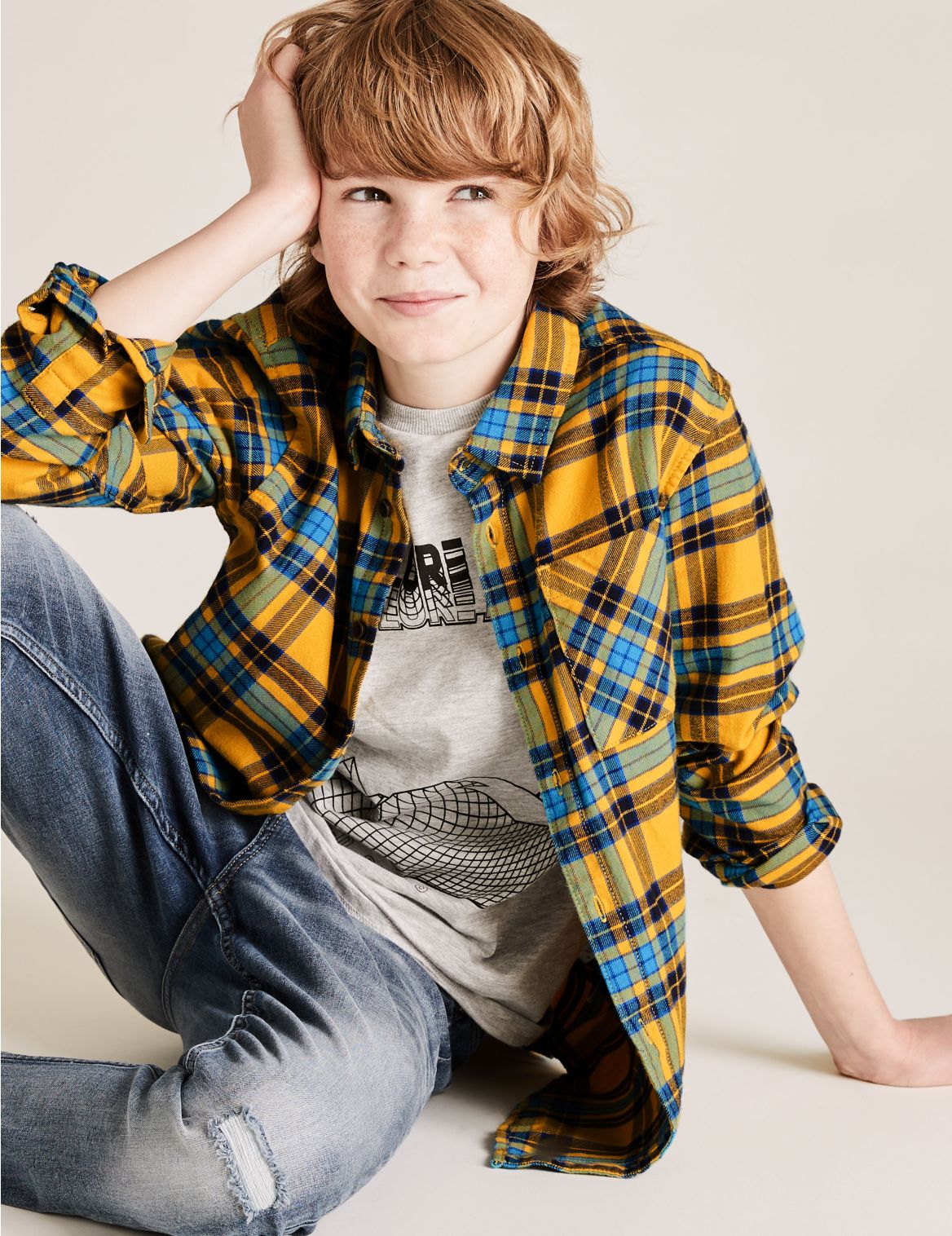 Cotton Checked Shirt with T-Shirt (6-14 Yrs) navy