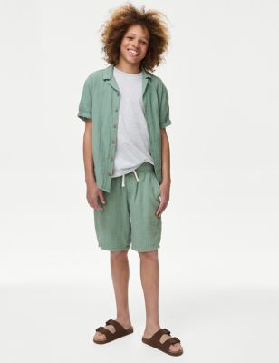 M&S Boys Pure Cotton Double Cloth Shorts (6-16 Yrs) - 8-9 Y - Smokey Green, Smokey Green,Berry