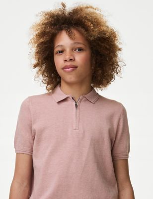 M&S Boy's Pure Cotton Knitted Polo Shirt (6-16 Yrs) - 7-8 Y - Dusty Pink, Dusty Pink,Light Blue