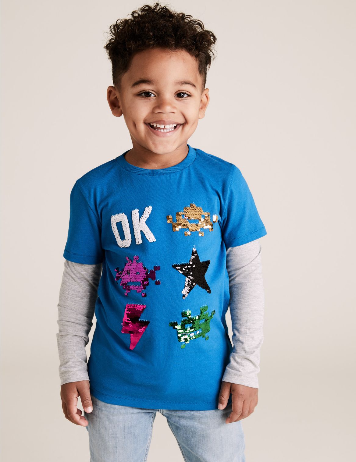 Pure Cotton Space Invaders Sequin Top (2-7 Yrs) blue