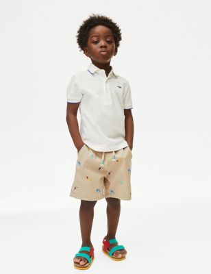 M&S Boy's Pure Cotton Embroidered Shorts (2-8 Yrs) - 7-8 Y - Stone, Stone