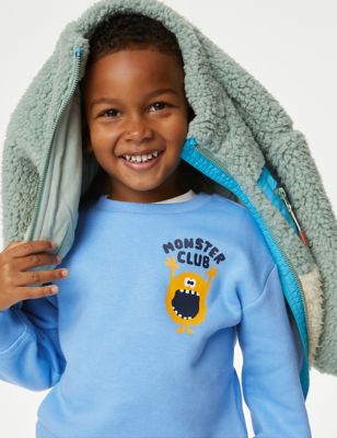M&S Boys Cotton Rich Monster Club Slogan Sweatshirt (2-8 Yrs) - 4-5 Y - Light Blue, Light Blue