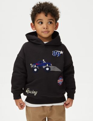 M&S Boys Cotton Rich Racing Hoodie (2-8 Yrs) - 6-7 Y - Carbon, Carbon
