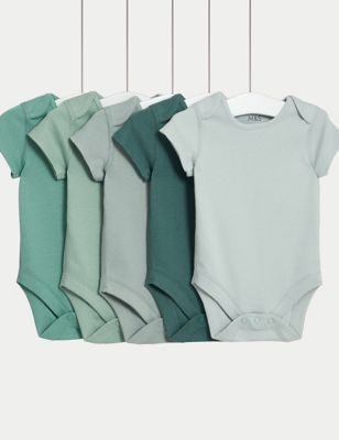 M&S 5pk Pure Cotton Bodysuits (0-3 Yrs) - 2-3Y - Green Mix, Green Mix