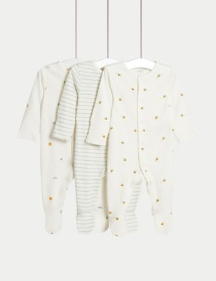 M&S 3pk Pure Cotton Printed Sleepsuits (6lbs-3 Yrs) - 3-6 M - White Mix, White Mix