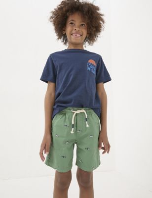 Fatface Boys Pure Cotton Embroidered Shark Shorts (3-13 Yrs) - 4-5 Y - Green Mix, Green Mix