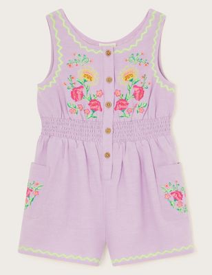 Monsoon Girl's Cotton Blend Floral Embroidered Playsuit (2-13 Yrs) - 11y - Lilac, Lilac