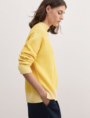 Jaeger Womens Wool Rich Ribbed Jumper with Cashmere - XL - Yellow, Yellow