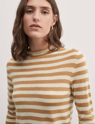Jaeger Womens Wool Rich Striped Jumper with Cashmere - Camel Mix, Camel Mix