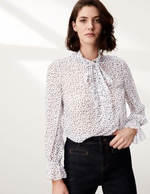 M&S Jaeger Womens Star Print Tie Neck Long Sleeve Blouse